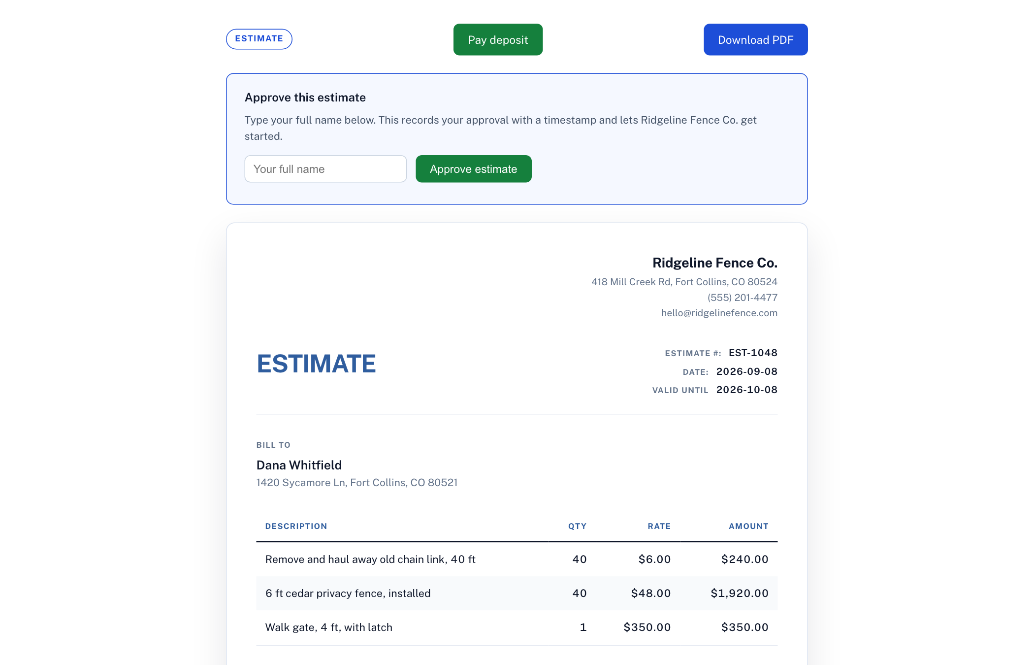 Client portal page with estimate approval, deposit summary, and payment QR code
